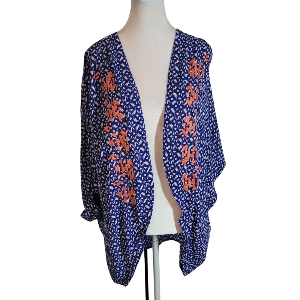 Miss Me Size‎ L Open Front 3/4 Sleeve Poncho Blue White Orange Embroidered